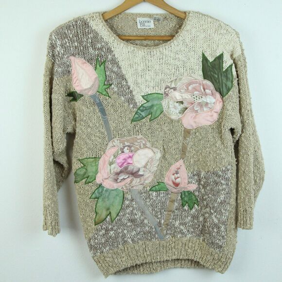 Vintage 80s Medium Sweater Floral Fairy Granny Boho Neutral Cottagecore Artsy - Picture 1 of 8